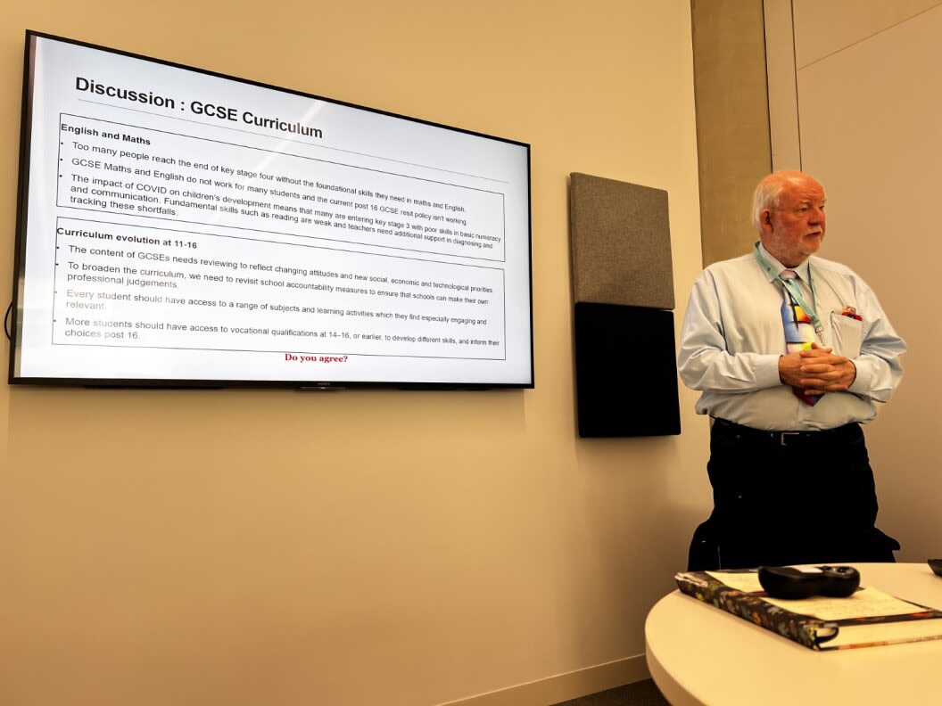 Former Education Secretary Charles Clarke presenting at Cambridge's researchED event.