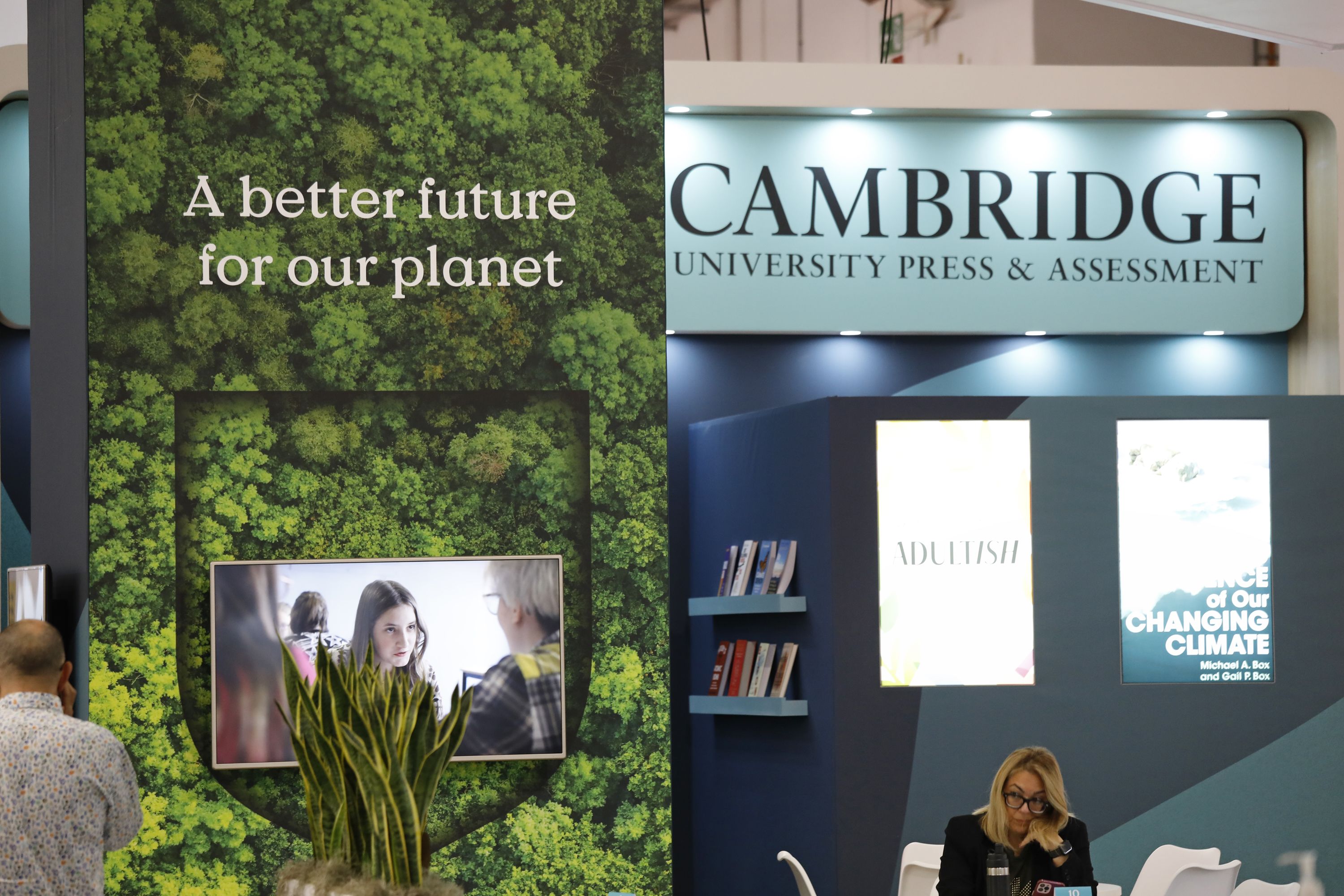 Sustainability has been a major theme at Cambridge's stand at Frankfurt book fair. There's a green stand writting 'A better future for our planet' at the zone.