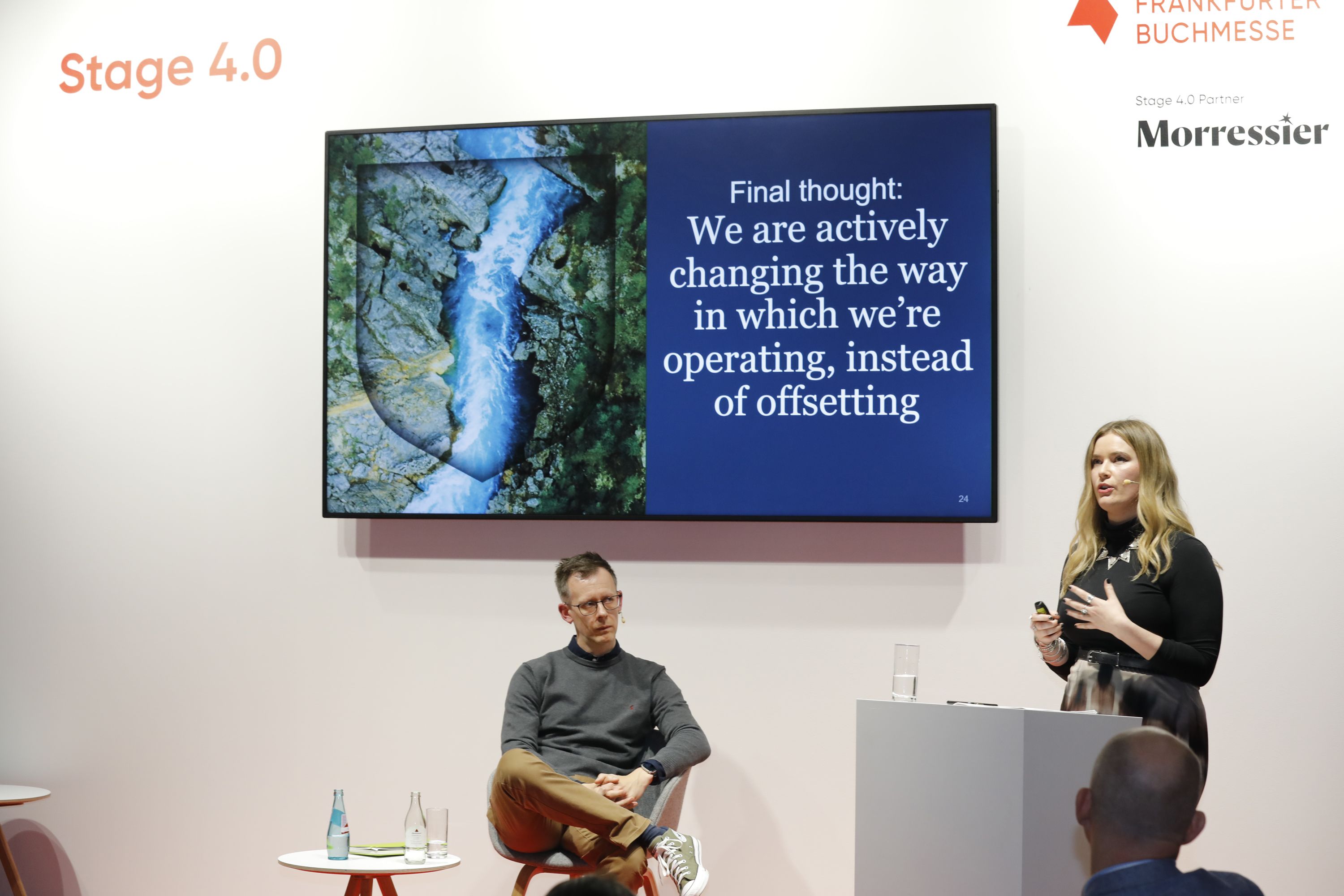 Cambridge’s Head of Supply Chain Operations John Gorrod (left) and Senior Marketing Manager Nina Wallis (right) speak at Frankfurt Book Fair.