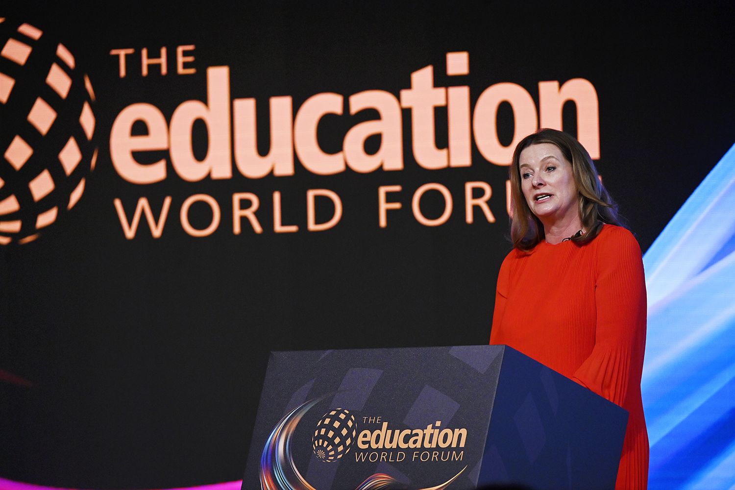 Gillian Keegan MP, Secretary of State for Education, delivers the opening address at Education World Forum 2024. Photo Credit: EWF Photo 